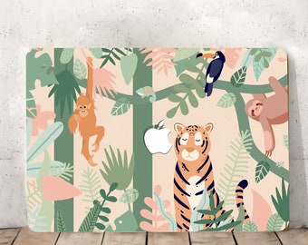 Cartoon Tiger Jungle Animals Twig Leaves Monkey Painting Hard Protect Anime Case Rubberized Laptop Cover for Macbook Air Pro 13/14/15/16 +kb