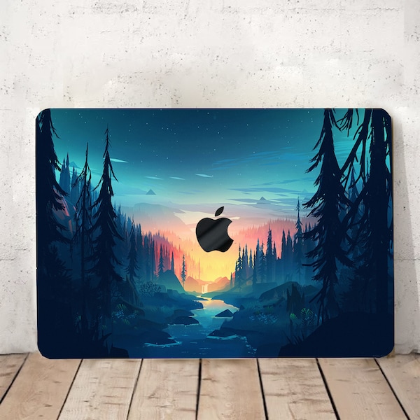 River Sunset Painting Hard Rubberized Laptop Case Mystic Forest Trees Landscape Design for Macbook Air 11/13 Pro13/14/15/16 +Keyboard Cover