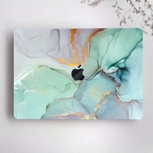 Illustration Acrylic Green Ink Marble Painting Hard Rubberized Case Cloudy Yellow Liquid Cover for Macbook Air 11/13 Pro 13/14/15/16 +kb