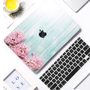 Gradual Teal Blue Woods Grain Painting Laptop Hard Case Minimalism Pink Lilac Flowers Rubberized Cover for Macbook Air Pro 13/14/15/16 +kb