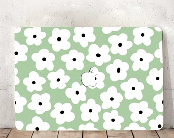 Seamless Cute White Flora Painting Hard Case Rubberized Black Dots Sage Green Flower Design Lovely Cover for Macbook Air Pro 13/14/15/16+KB