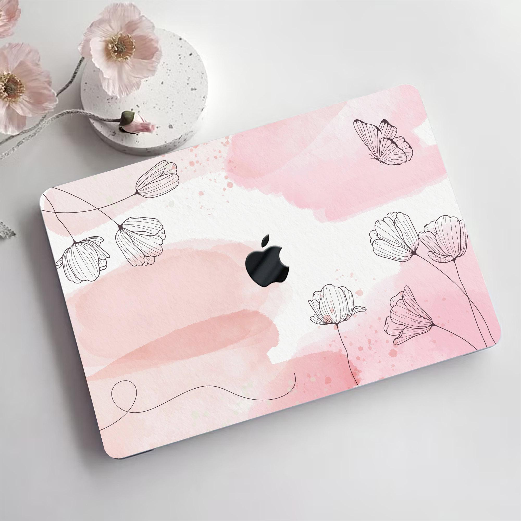 Pink Watercolor Flowers Hard Laptop Shell Simple Print Butterfly Rubberized Case for Macbook Air Pro 11/13/15/16 2008-2025+Keyboard Cover
