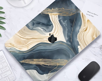 Abstract Ink Water Liquid Painting Hard Rubberized Case Seamless Yellow Foil Details Laptop MAC Cover for Macbook Air Pro 13/14/15/16 +Kb