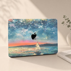 Starry Sky Oil Painting Macbook Case Sunset Sailboat Ocean Landscape Hard Rubberized Cover