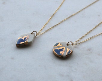 Cleo Charm Blue & Gold Porcelain Necklace - 14ct Gold Filled Chain - Handmade