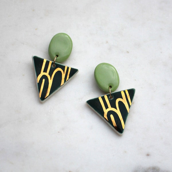 Evie Green & Gold Double Dangle Earrings - Glazed Porcelain with 22ct Gold Lustre Finish - Handmade