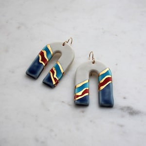 Lea 70s Retro Arch Earrings - Red, Blue & Gold - Statement Porcelain Earrings with 22ct Gold Lustre Finish - Handmade