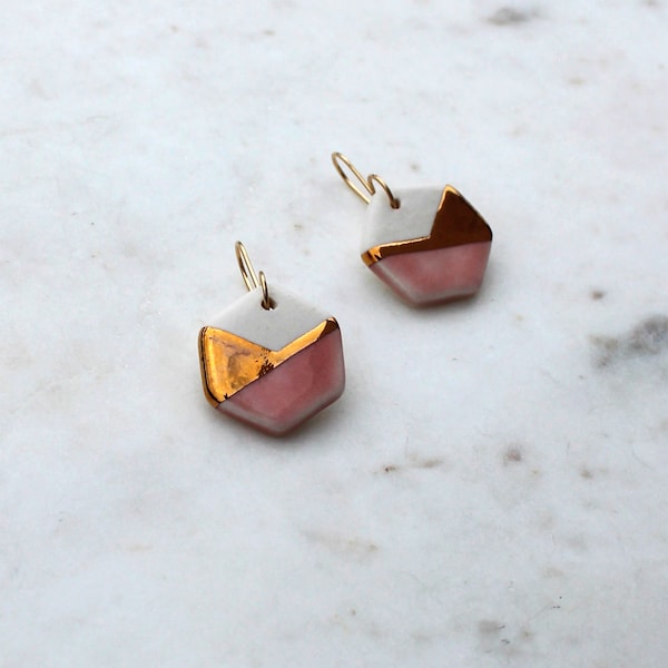 Sarah Hexagon Earrings with Gold Lustre finish - Olive / Pink / Blue Glaze - Handmade in Porcelain