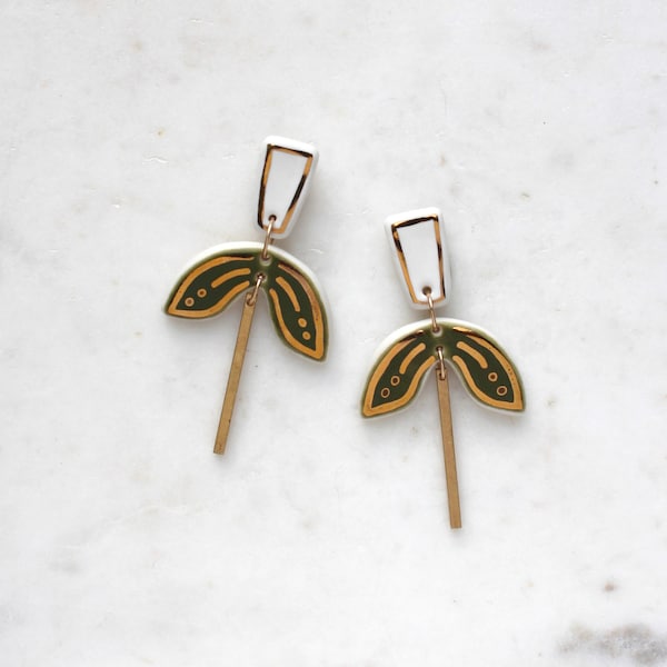 Florri Art Deco Statement Earrings - Glazed Porcelain with 22ct Gold Lustre Finish - Handmade