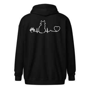 May include: Black hooded sweatshirt with a white outline of a cat, a paw print, a heart, and a heartbeat line.