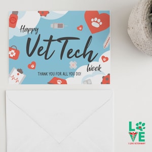 Lot de 10 cartes Happy Vet Tech Week, cadeau pour technicien vétérinaire, carte de remerciement, carte de remerciement, voeux d'anniversaire + enveloppe blanche