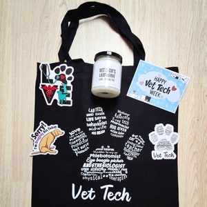 Vet Tech Week Geschenkbox ~ Tierarzt Aufkleber, Einkaufstasche, Duftkerze und Dankeskarte ~ Dankes-Karte ~ Geschenk für Tierärzte