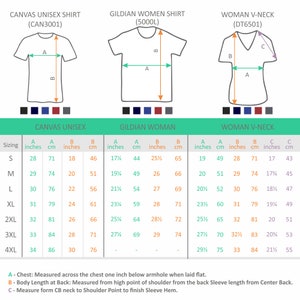 May include: Size chart for three different types of shirts: Canvas Unisex, Gildian Woman, and Woman V-Neck. The chart shows measurements in inches and centimeters for chest, body length, and sleeve length. Sizes range from S to 4XL.