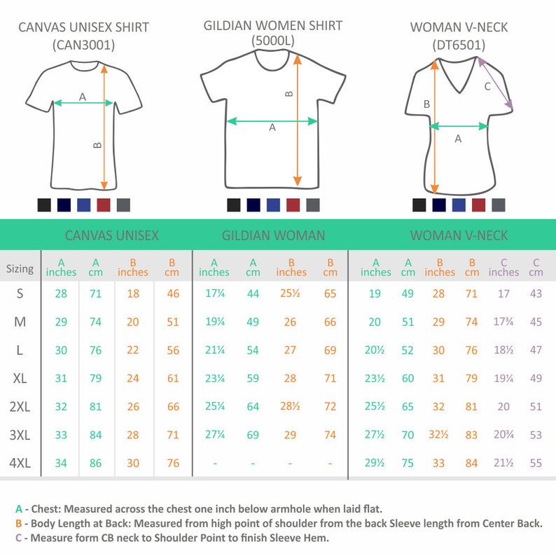 May include: Size chart for three different types of shirts: Canvas Unisex, Gildian Woman, and Woman V-Neck. The chart shows measurements in inches and centimeters for chest, body length, and sleeve length. Sizes range from S to 4XL.