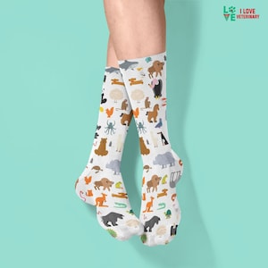 Zoo Pattern Tube Socks, All Season - One Size Fits Most - for Women and Men, Gift for Veterinarian, Vet tech, animal lover, pet owner