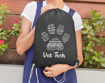 Vet Tech - Paw Print Drawstring Bag, Cotton, Shoulder Bag, Backpack, Veterinary Gift, Vet Tech, Veterinarian, Vet Student