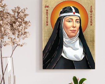 SAINT BRIDGET of SWEDEN Icon: Handmade Wooden Catholic Wall Decor, Gold Leaves, Religious Art