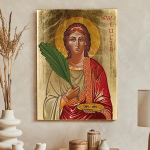 SAINT LUCY, LUCIA of Syracuse, Santa Lucia, Wooden Catholic Wall Decor with Golden Leaves,