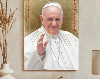 POPE FRANCIS Icon: Handmade Wooden Catholic Wall Decor, Gold Leaves, Religious Art