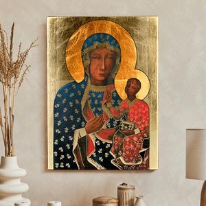 Icon of Black Madonna of Czestochowa, Our Lady of Czestochowa handmade icon, wooden icon, perfect present, catholic gift, gold leaves.