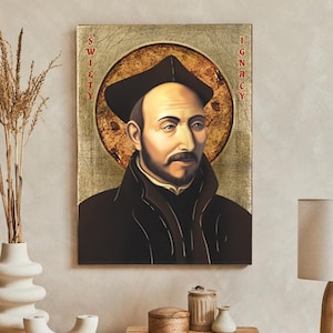 Handmade Saint Ignatius Loyola Icon: Catholic Wall Decor, gold leaves, religious art