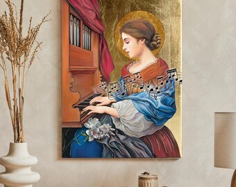 Ikona św. Cecylii, ikona usuwania robiona, ikona drewniana, deska naturalna, idealny prezent - ikona św. Cecylii, Święta Cecylia