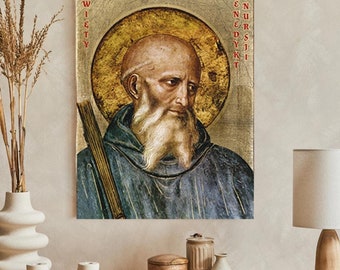 Saint BENEDICT of NURSIA Icon – Handmade Wooden Catholic Wall Art, Patron Against Evil