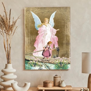 Guardian Angel icon, handmade icon, wooden icon, Guardian Angel Nursery Art, Guardian Angel with Children, Guardian Angel wall Decor