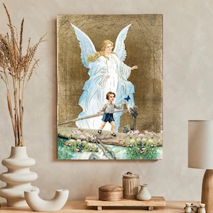 Guardian Angel icon, handmade icon, wooden icon, Guardian Angel Nursery Art, Guardian Angel with Children, Guardian Angel wall Decor
