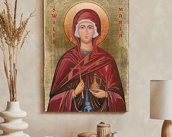 Icona di Santa Marta di Betania, opera d'arte cattolica in legno fatta a mano con foglie d'oro