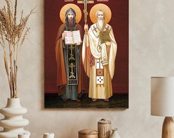 SAINTS CYRIL and METHODIUS Icon, Handmade Wooden Catholic Wall Decor, Gold Leaves, Religious Art