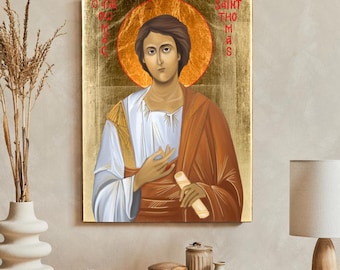 Icoon SAINT THOMAS: handgemaakte houten katholieke kunst, wanddecoratie, bladgoud, religieuze kunst