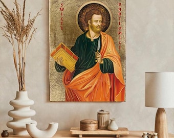 Aposteln Sankt Bartholomew ikon: Handgjord träkatolsk väggdekoration, bladguld, religiös bild