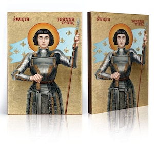 SAINT JOAN of ARC handmade icon, Wooden Religious Art, Catholic Wall Decor, Gold Leaves