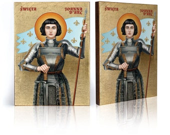 SAINT JOAN of ARC handmade icon, Wooden Religious Art, Catholic Wall Decor, Gold Leaves