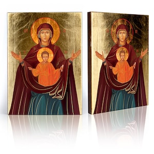 Icona della Santa Vergine con Gesù Bambino PLATYTERA, icona fatta a mano, icona in legno, Nostra Signora del Segno, icona religiosa, icona della Madonna, Santa Vergine