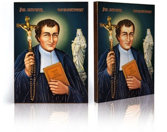 May include: Two wooden religious plaques featuring a portrait of a man holding a crucifix and a book. The plaques have the text "ŚW. LUDWIK DE MONTFORT" at the top and "TRAITE DE LA VRAIE DEVOTION" on the book. A statue of the Virgin Mary is in the background.