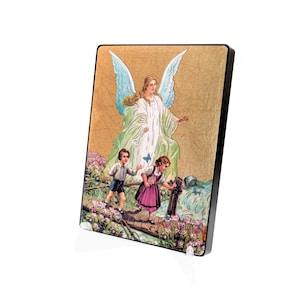 Icon of Guardian Angel , Guardian Angel with Children,   wooden icon, perfect present, icon with Angel , perfect present, raligious icon.