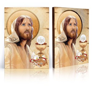 Icon of Jesus Christ with The Holy Communion, handmade icon, wooden icon, perfect present, religious picture, First Communion gift,