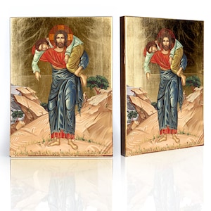 Icona di Cristo Buon Pastore, icona fatta a mano, icona in legno, regalo perfetto, immagine religiosa, icona della Prima Comunione, icona religiosa,
