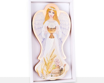 Ícono de madera de Ángel de la Guarda hecho a mano, decoración de pared para habitación infantil, hojas doradas, arte religioso