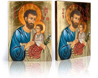 Icon of Saint Joseph with Jesus Child, handmade icon, wooden icon, natural board, perfect present, St Joseph wall decor, Saint Joseph image