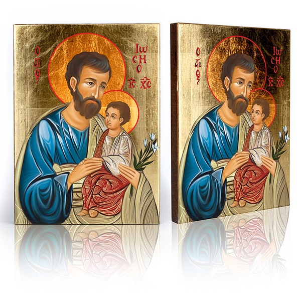Icon of Saint Joseph with Jesus Child, handmade icon, wooden icon, natural board, perfect present, St Joseph wall decor, Saint Joseph image