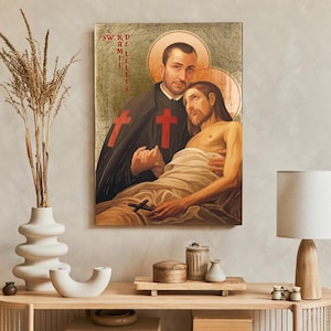 Ikona Świętego Kamila de Lellis, ikona ręcznie wykonana, ikona religijna, ikona drewniana, deska naturalna, Święty Kamil de Lellis