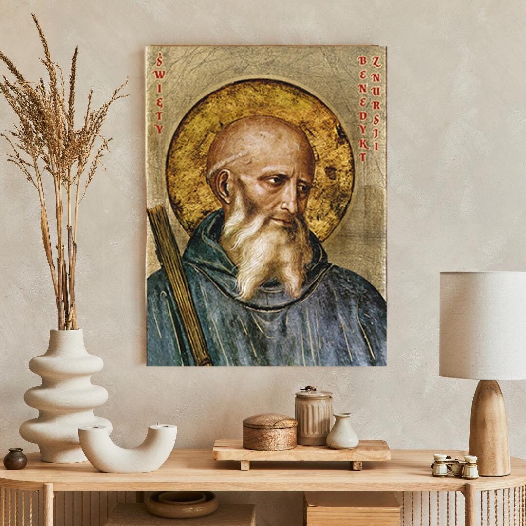 Saint BENEDICT of NURSIA Icon – Handmade Wooden Catholic Wall Art ...