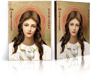 Ícone artesanal de Santa Inês de Roma: Arte de parede católica em madeira com folhas de ouro.