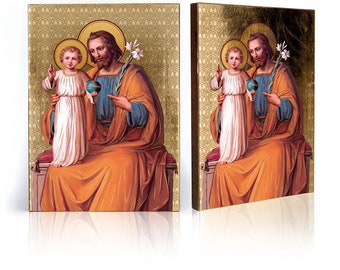 SAINT JOSEPH and JESUS Child Icon, Handmade Wooden Catholic Wall Decor, Gold Leaves