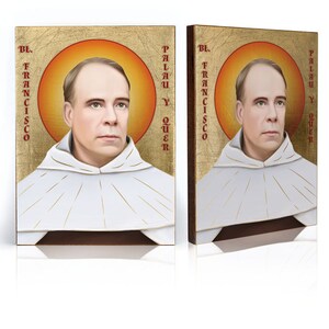 May include: Two rectangular religious art pieces. Each features a portrait of a man with a halo, wearing a white robe. The background is gold with text in red. The man has short hair and a serious expression. The art pieces are displayed side by side.