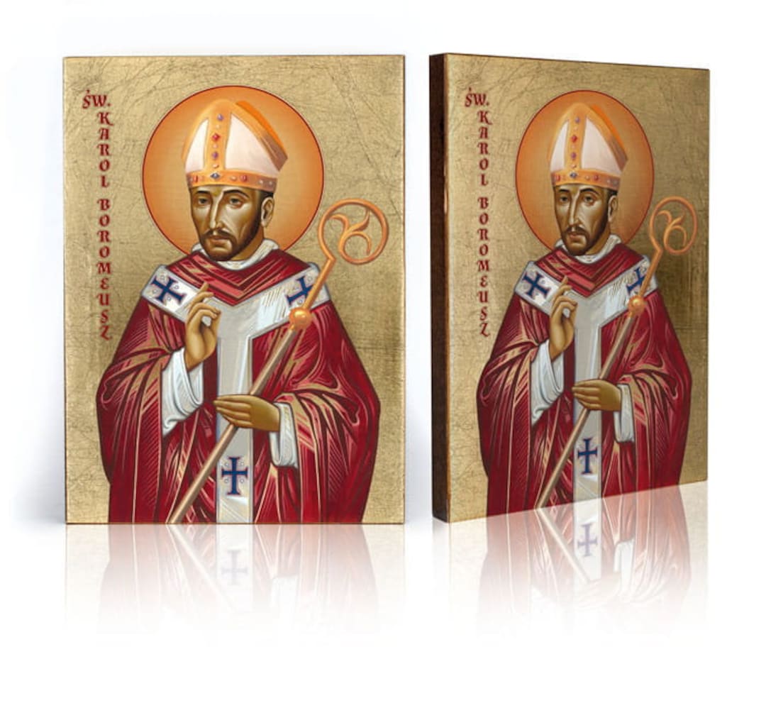 Saint CHARLES BORMEUS Icon: Handmade Catholic Wall Decor, Golden Leaves ...