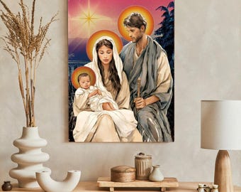 Icono de la Sagrada Familia hecho a mano, decoración de pared católica de madera, imagen religiosa con hojas doradas.